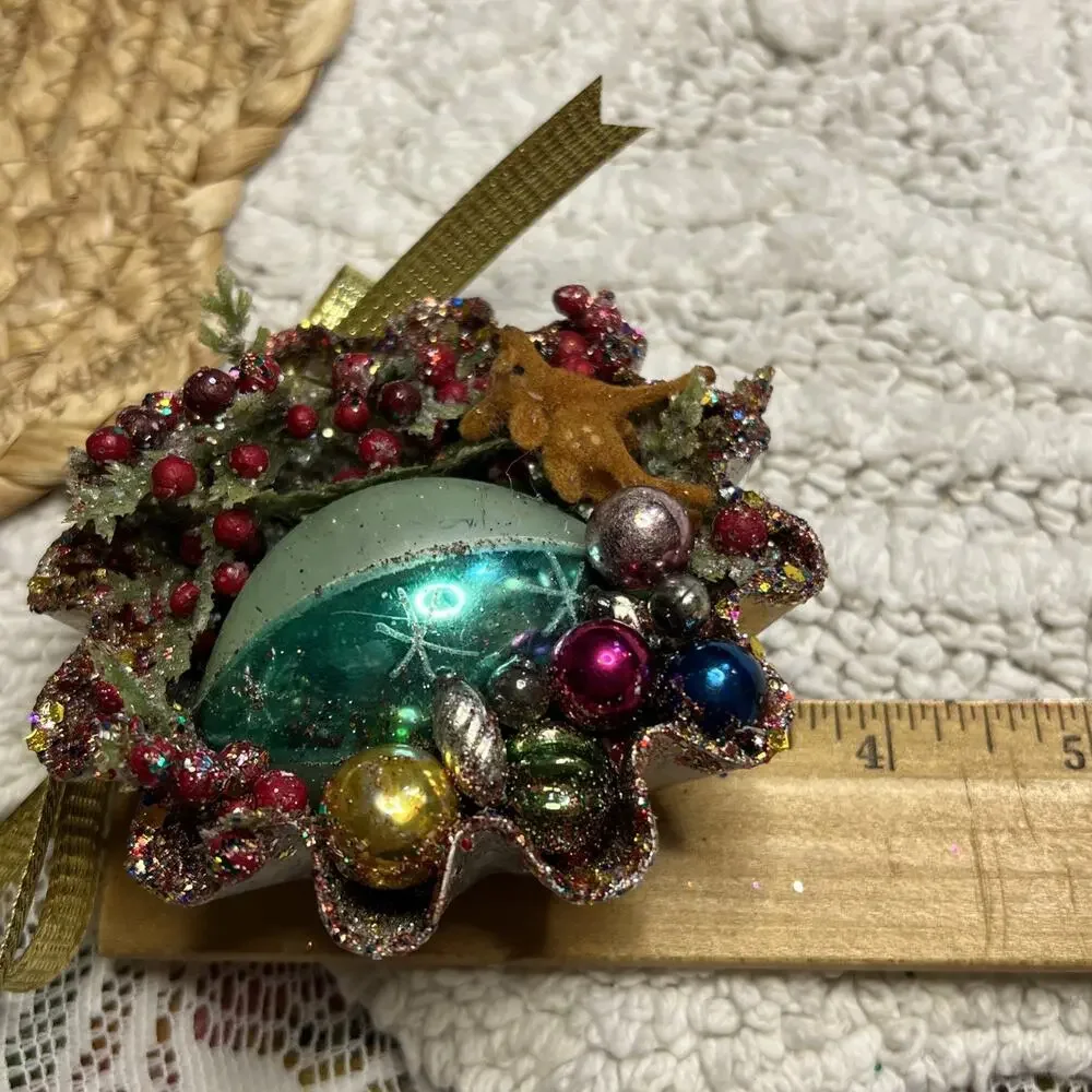 Vintage Round Tart Tin Flocked Deer Mercury Glass Diorama Mid Century Ornament
